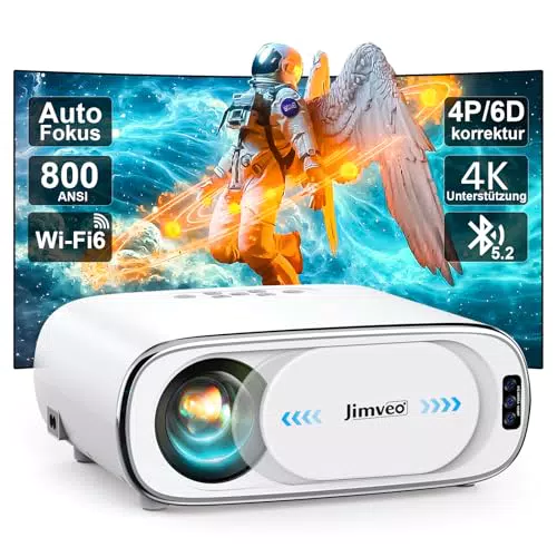 Jimveo 4K Beamer mit Auto-Fokus, WiFi6, Bluetooth und 300" Display für Heimkino