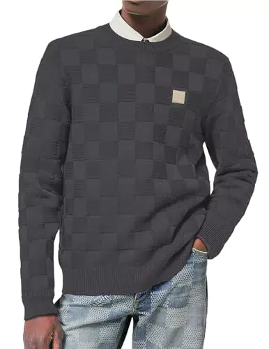 Elegancity Herren Pullover mit Rundhalsausschnitt, Karierter Strickpullover