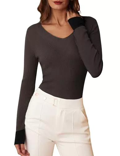 GRACE KARIN Damen Rippstrickpullover Langarm V-Ausschnitt