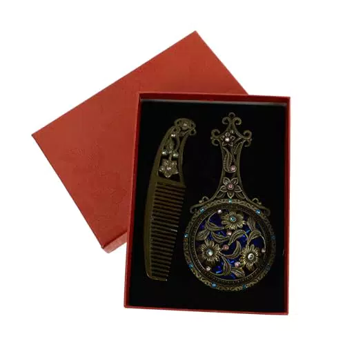 Healvian Vintage Handspiegel und Kamm Set - Retro Kosmetikspiegel aus Metall