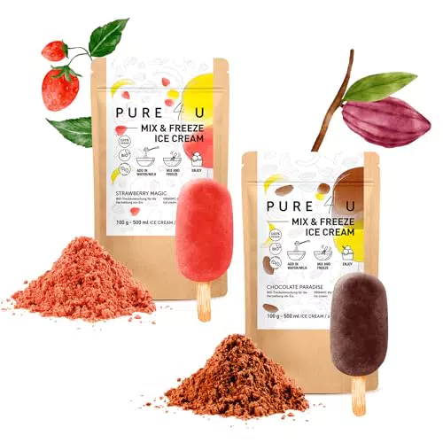 PURE4U Bio Mix&Freeze Erdbeer-Chocoeis Pulver – Ohne Zuckerzusatz, einfache Zubereitung