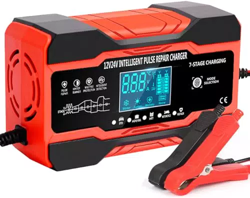 Smart Autobatterie Ladegerät 12V/24V mit LCD-Bildschirm für Auto, LKW, Motorrad