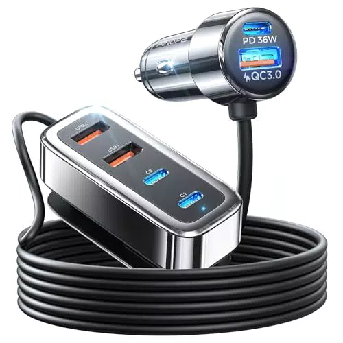 AINOPE 90W USB C Auto-Ladegerät mit 6 Anschlüssen und 5FT Kabel für iPhone 15/14/13 Pro Max, Samsung