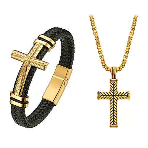 Aroncent Herren Armband und Halskette Set mit Kreuz Anhänger aus Leder und Edelstahl