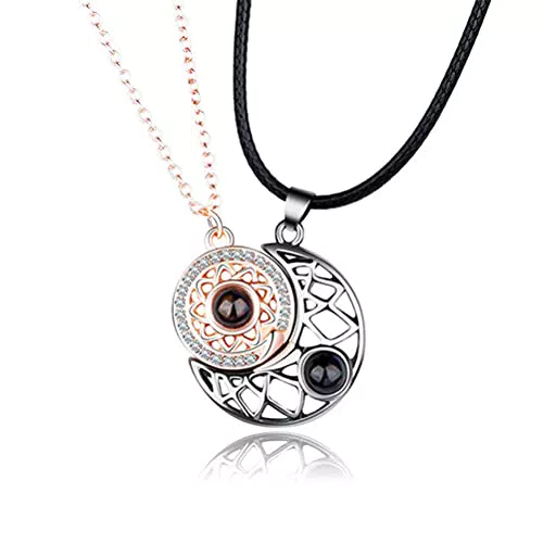 Asotagi Halskette mit Sonne und Mond, magnetisch, 100 Sprachen "Ich liebe dich"
