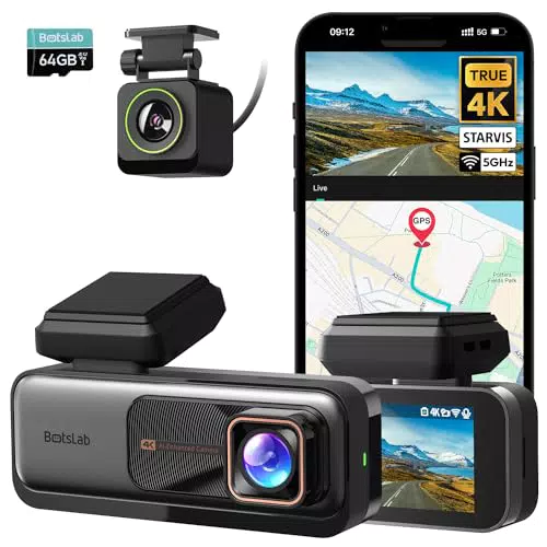 BOTSLAB Dashcam 4K mit GPS und WiFi, Dual-Kamera, Nachtsicht, 170° Weitwinkel