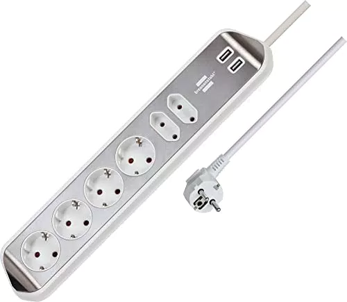 Steckdosenleiste von Brennenstuhl mit Edelstahloberfläche - 6-fach mit Schutzkontakt-Steckdosen, Euro-Steckdosen und USB-Anschlüssen