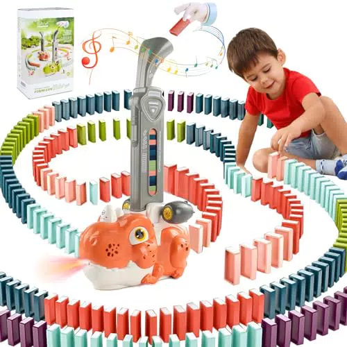 BuzzoXerex Dinosaurier Domino Zug Set - Automatisches Spielzeug mit Licht und Ton