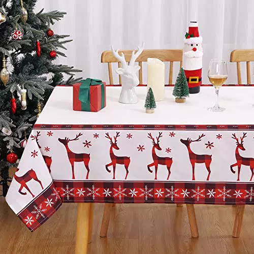 CAROMIO Tischdecke Weihnachten abwaschbar, wasserabweisend, knitterfrei, Hirsch Karo Muster