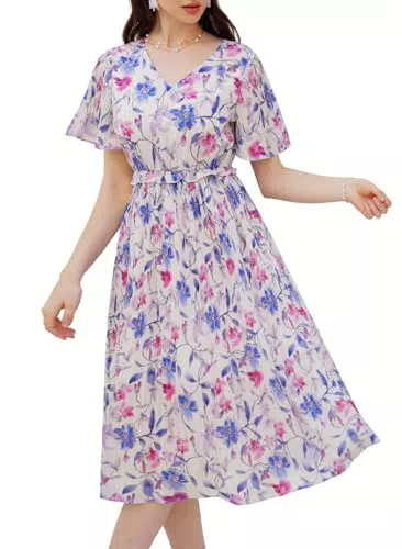 Damen Swing Midikleid A-Linie V-Ausschnitt Elegant Freizeitkleid Chiffon