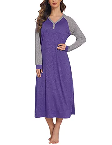 Ekouaer Damen Langarm Nachthemd Schlafanzug Casual Nachtwäsche Winter