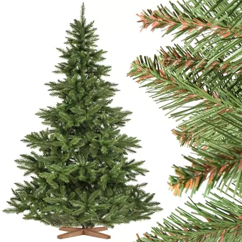 FairyTrees Künstlicher Weihnachtsbaum Nordmanntanne mit Holzständer, TÜV Zertifiziert
