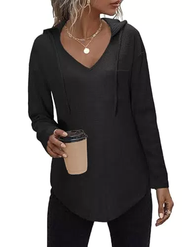 FemiChic Pullover Damen Hoodie Waffle Langarm V-Ausschnitt Casual Tops