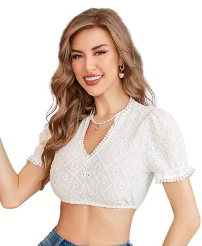 Funspread Dirndlbluse V-Ausschnitt Kurzarm Trachtenbluse für Oktoberfest