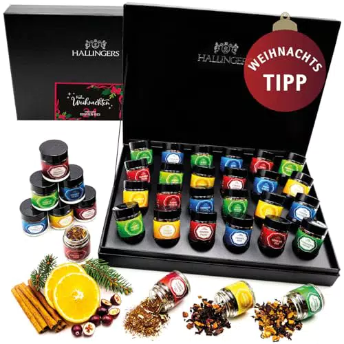 Hallingers Tee Geschenkset Advent – 24 Sorten vegan in Schraubgläsern
