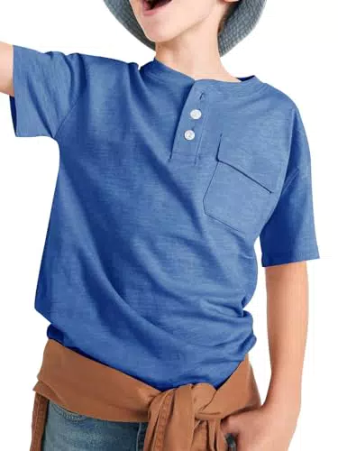 Haloumoning Kurzarm Henley T-Shirt für Jungen – Basic Kinder Tops mit Tasche