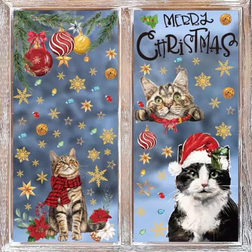 Horaldaily Weihnachtsfenster Aufkleber - Glocken, Kugeln und Katzen Dekoration