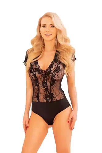 Kalimo Spitzenbody Thina für Damen | Eleganter Bodysuit kurzarm aus Mesh