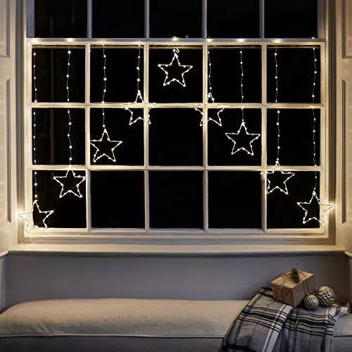 Lights4fun Micro LED Sternenvorhang Weihnachtsbeleuchtung mit Timer 1,2m