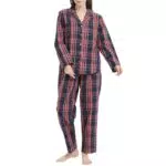 Mnemo Damen Schlafanzug Karierter Pyjama 100% Baumwolle Langarm Lange Hose