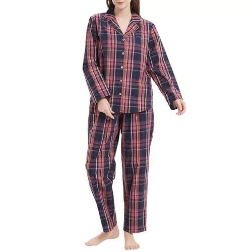 Mnemo Damen Schlafanzug Karierter Pyjama 100% Baumwolle Langarm Lange Hose