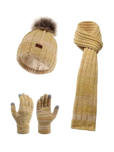 NATUST Damen Winter Mütze Schal Handschuhe Set - Dickes Strickset, Weich und Warm