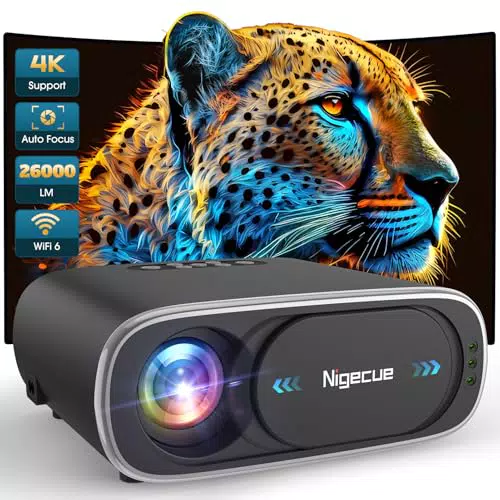 Nigecue 4K Beamer mit Autofokus, WiFi6, Bluetooth und 300" Display