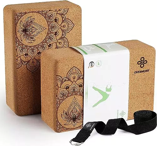 Overmont Yogablöcke aus Kork – Yoga Block mit Gurt für Fitness und Meditation