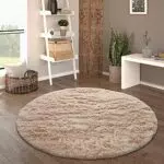 Hochflor Teppich Rund Paco Home - Moderner Shaggy Teppich für Wohnzimmer und Schlafzimmer - Rutschfest & Flauschig - Beige