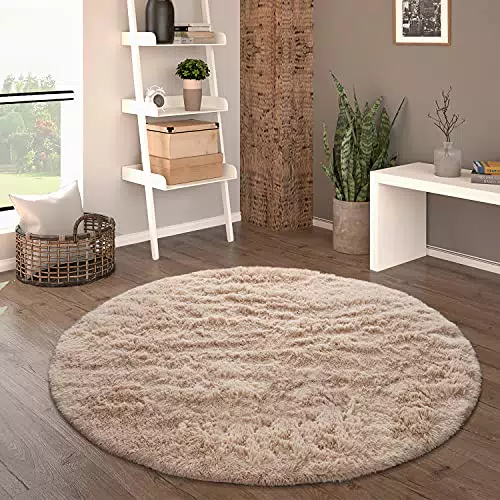 Hochflor Teppich Rund Paco Home - Moderner Shaggy Teppich für Wohnzimmer und Schlafzimmer - Rutschfest & Flauschig - Beige
