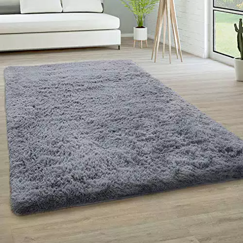 Hochflor Teppich Wohnzimmer - Weicher Shaggy Teppich in Grau