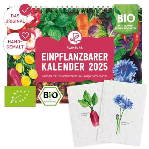 Plantura Einpflanzbarer Kalender 2025 – Bio-Saatgut-Kalender mit 12 Samenkarten