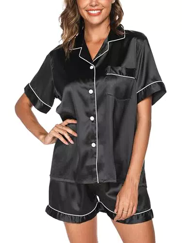 Reliwel Satin Schlafanzug Damen mit V-Ausschnitt – Kurzarm Pyjama Sets für den Sommer