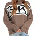 Saodimallsu Damen Oversized Pullover Turtleneck mit Ski-Print und Grobstrick