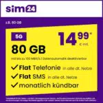 sim24 Handytarif Allnet Flat 80 GB – 5G Internet, Telefonie & SMS für 14,99 €/Monat