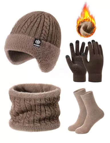 Svanco Herren Winterset: Mütze mit Ohrenklappen, Loop Schal und Touchscreen Handschuhe