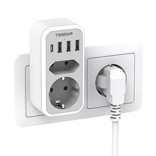 TESSAN USB Steckdose mit 4 USB-Anschlüssen und 2-fach Steckdosenadapter