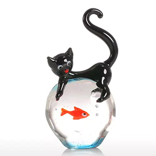Tooarts Glasornament Katze und Goldfisch – Mundgeblasen für Zuhause
