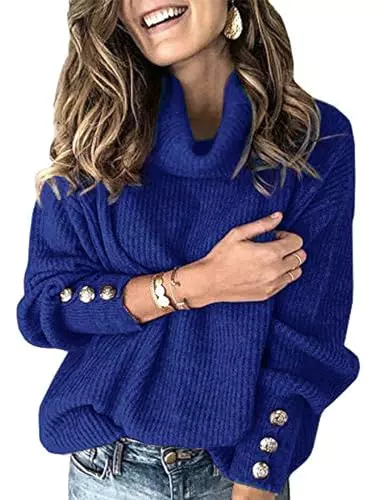 Wenrine Damen Rollkragenpullover Winter Langarm Casual mit Metallknöpfen