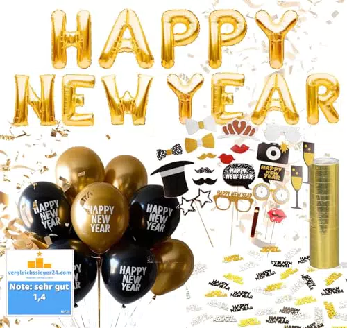 XXL Silvester Deko Set - Wiederverwendbare Neujahrsdekoration mit Luftballons und Konfetti