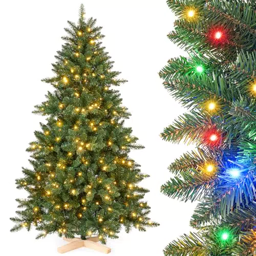 Yorbay Künstlicher Weihnachtsbaum mit Beleuchtung und Holzständer für Dekoration