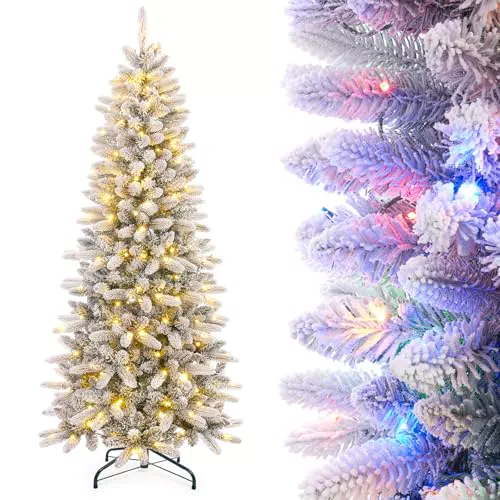 Yorbay Künstlicher Weihnachtsbaum Slim LED Tannenbaum Schneebeflockt 180 cm