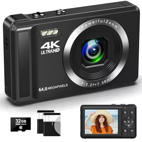 Digitalkamera 4K 64MP mit 32GB Speicherkarte und Autofokus für Anfänger