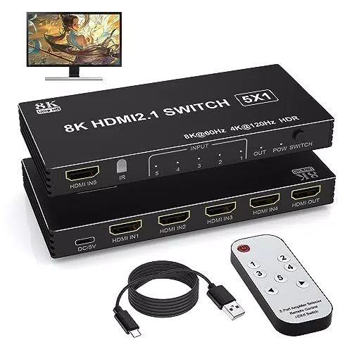 HDMI Umschalter 8K 60Hz, 4K 120Hz, 5 Port HDMI 2.1 mit IR Fernbedienung