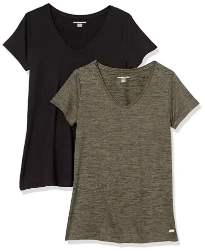 Amazon Essentials Damen Tech-Stretch-T-Shirt mit V-Ausschnitt und kurzen Ärmeln