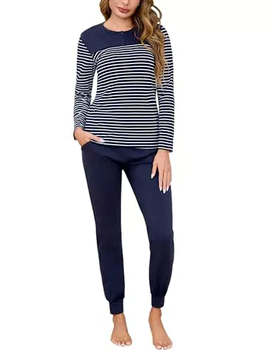 Aseniza Damen Schlafanzug Langarm Pyjama Baumwolle Zweiteiler Winter
