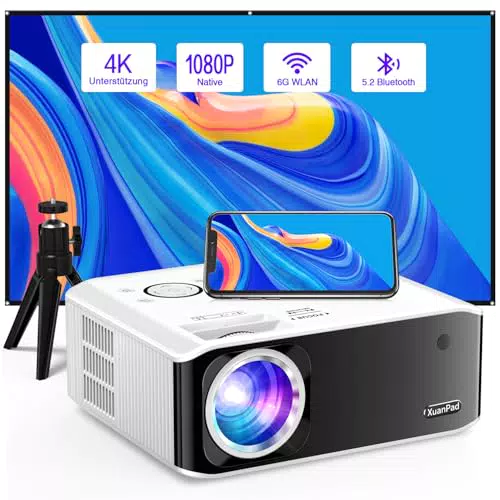 XuanPad 2024 Beamer 1080P 6G WiFi Bluetooth 4K mit Stativ für iOS/Android