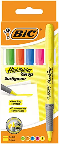 Bic Textmarker "Highlighter Grip" mit Keilspitze – Hochwertige Markierstifte