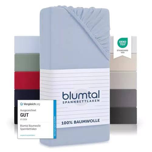 Blumtal® Baumwolle Spannbettlaken Basics Jersey - Oeko-TEX zertifiziert - Matratzenbezug 90x200 - Blau