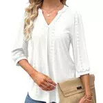 Elegante Bluse Damen V-Ausschnitt 3/4 Ärmel Tunika Shirt Casual Sommer